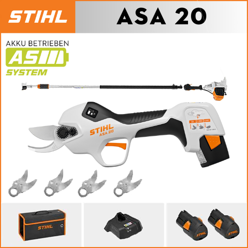 STIHL ASA20*1, batería de litio*2, caja de almacenamiento*1, cabezal de corte*5, cargador*1, varilla telescópica*1