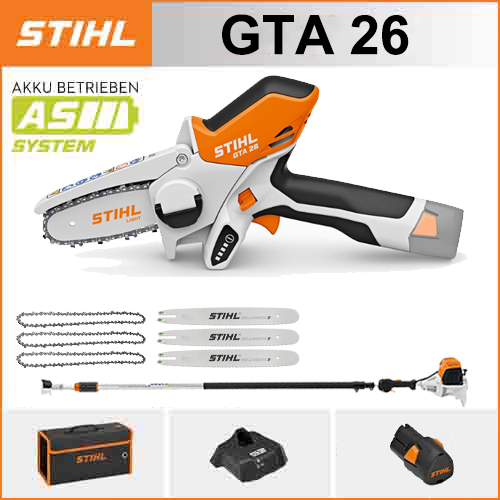 STIHL GTA 26*1, batería de litio*1, caja de almacenamiento*1, placas guía*3, cadenas*3, cargador*1, varilla telescópica*1