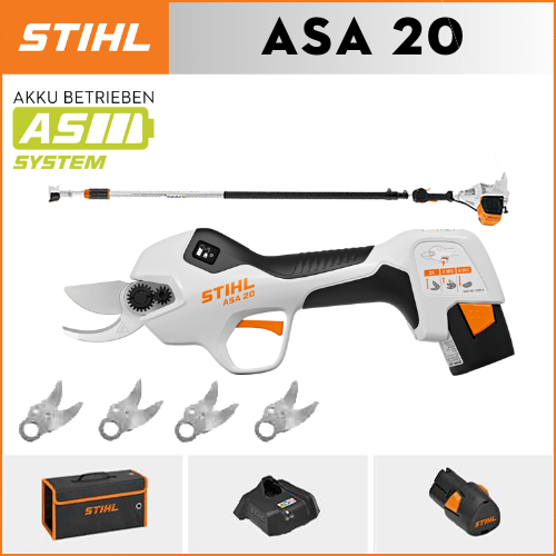 STIHL ASA20*1, batería de litio*1, caja de almacenamiento*1, cabezales de corte*5, cargador*1, varilla telescópica*1