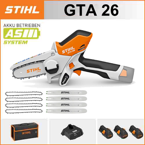 STIHL GTA 26*1, batería de litio*3, caja de almacenamiento*1, placa guía*4, cadena*4, cargador*1